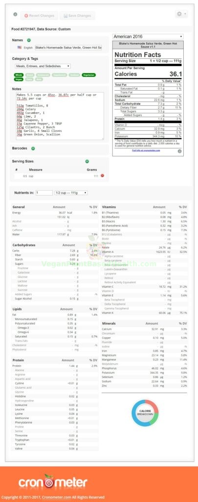 cronometer.com salsa verde green hot sauce nutrient breakdown v1.0