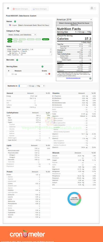 cronometer.com beets blood hot sauce salsa v1.0 nutrient breakdown